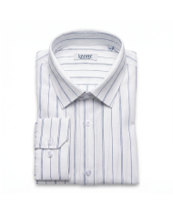 Chemise grande taille Col ouvert avec rayure beige et bleu 100% coton aspect lin