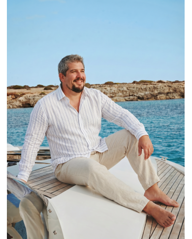 Chemise grande taille Col ouvert avec rayure beige et bleu 100% coton aspect lin