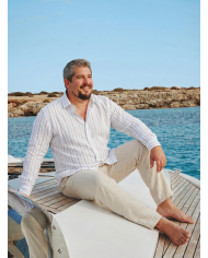 Chemise grande taille Col ouvert blanche avec rayure bleu 100% coton aspect lin