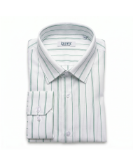 Chemise grande taille Col ouvert blanche avec rayure vert 100% coton aspect lin