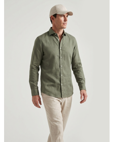 Chemise Col ouvert vert 100% coton aspect lin