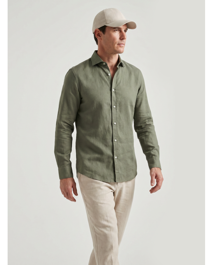 Chemise Col ouvert vert 100% coton aspect lin