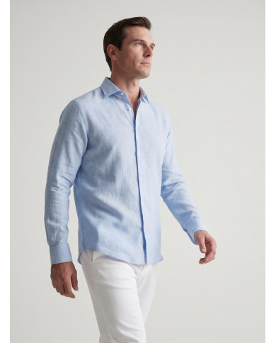 Chemise Col ouvert bleu ciel 100% coton aspect lin
