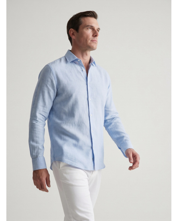 Chemise Col ouvert bleu ciel 100% coton aspect lin