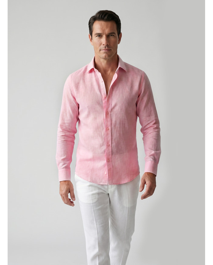 Chemise Col ouvert rose 100% coton aspect lin