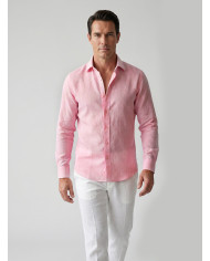 Chemise Col ouvert rose 100% coton aspect lin