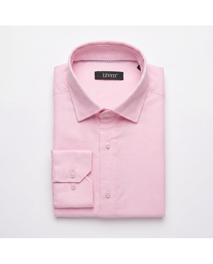 Chemise Col ouvert rose 100% coton aspect lin