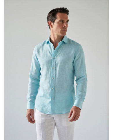 Chemise Col ouvert bleu turquoise100% coton aspect lin