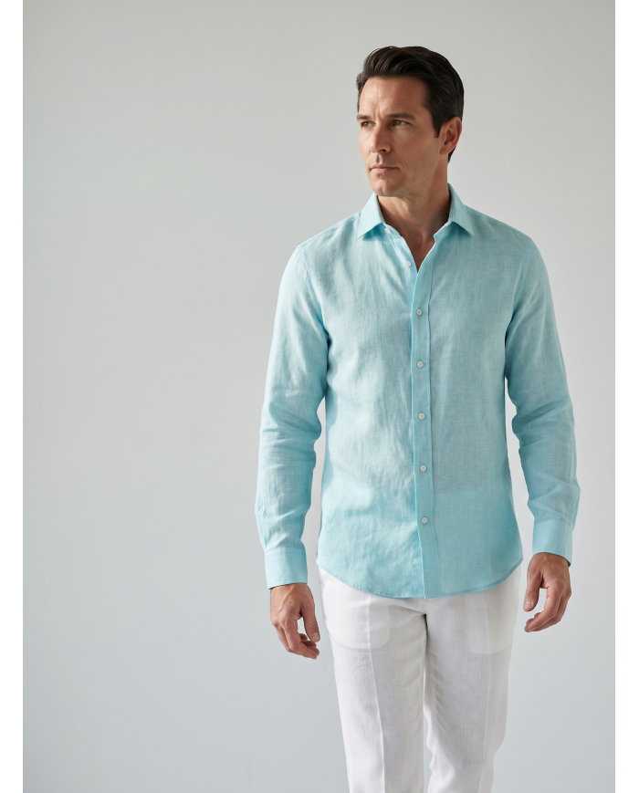 Chemise Col ouvert bleu turquoise100% coton aspect lin