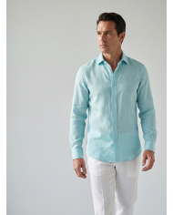 Chemise Col ouvert bleu turquoise100% coton aspect lin