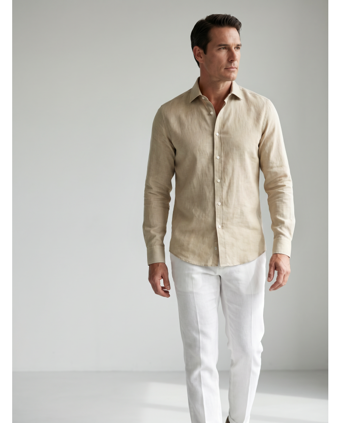 Chemise Col ouvert beige clair 100% coton aspect lin
