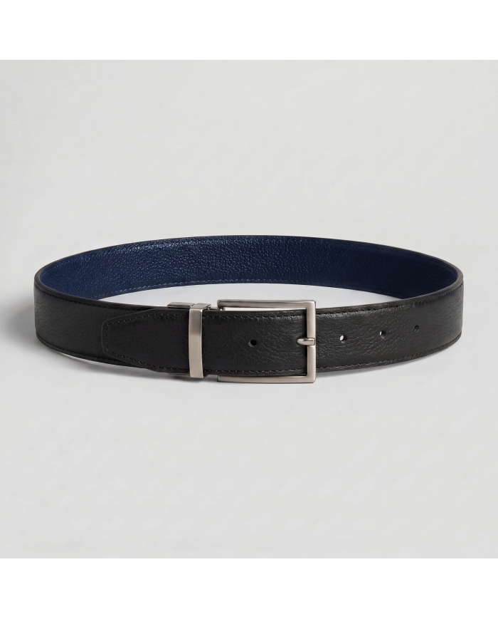 Ceinture cuir réversible : Bleu marine grain caviar & noir grainé