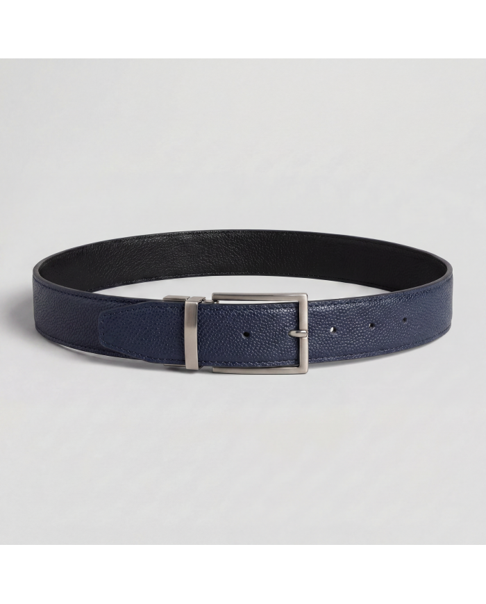 Ceinture cuir réversible : Bleu marine grain caviar & noir grainé