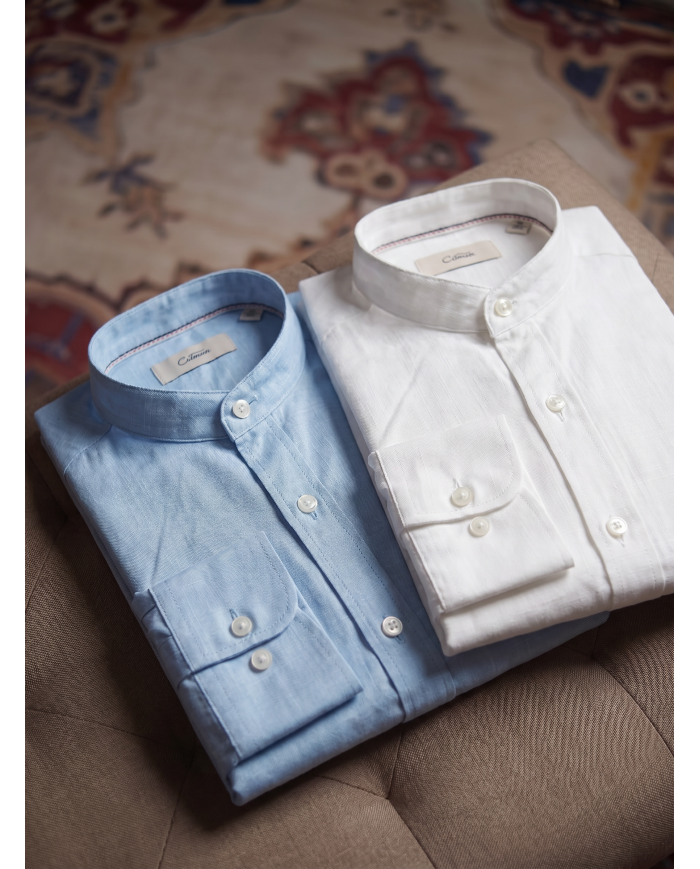 Chemise Col mao en coton aspect lin Blanche uni