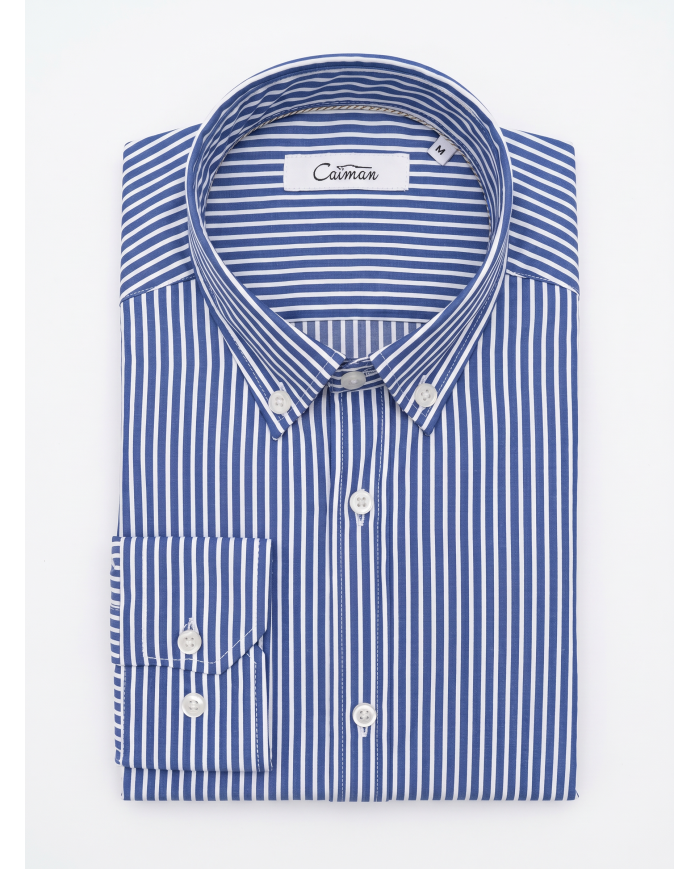Chemise stretch Blanche rayée en bleu Col Boutonné