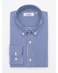 Chemise stretch Blanche rayée en bleu Col Boutonné