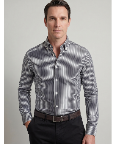 Chemise stretch Blanche rayée en noir Col Boutonné