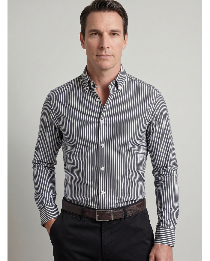 Chemise stretch Blanche rayée en noir Col Boutonné