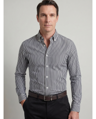 Chemise stretch Blanche rayée en noir Col Boutonné