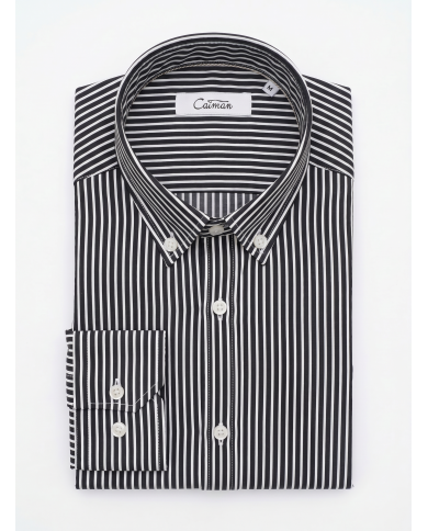 Chemise stretch Blanche rayée en noir Col Boutonné