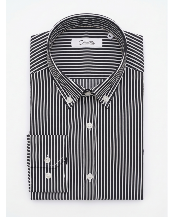 Chemise stretch Blanche rayée en noir Col Boutonné