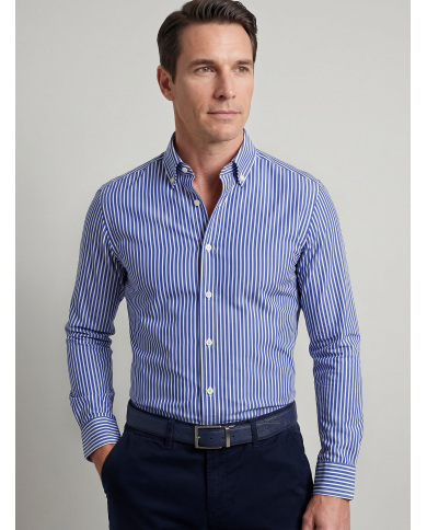 Chemise stretch Blanche rayée en bleu Col Boutonné