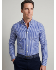 Chemise stretch Blanche rayée en bleu Col Boutonné