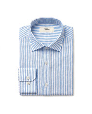 Chemise Col ouvert rayée bleu ciel 100% coton aspect lin