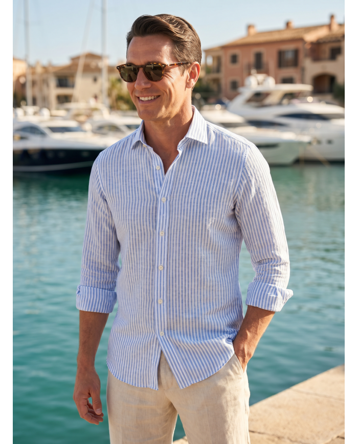 Chemise Col ouvert rayée bleu ciel 100% coton aspect lin