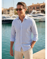 Chemise Col ouvert rayée bleu ciel 100% coton aspect lin