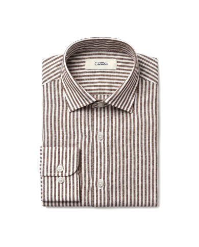Chemise Col ouvert rayée marron 100% coton aspect lin