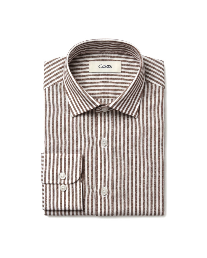 Chemise Col ouvert rayée marron 100% coton aspect lin