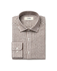 Chemise Col ouvert rayée marron 100% coton aspect lin