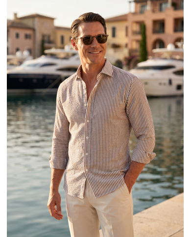 Chemise Col ouvert rayée marron 100% coton aspect lin