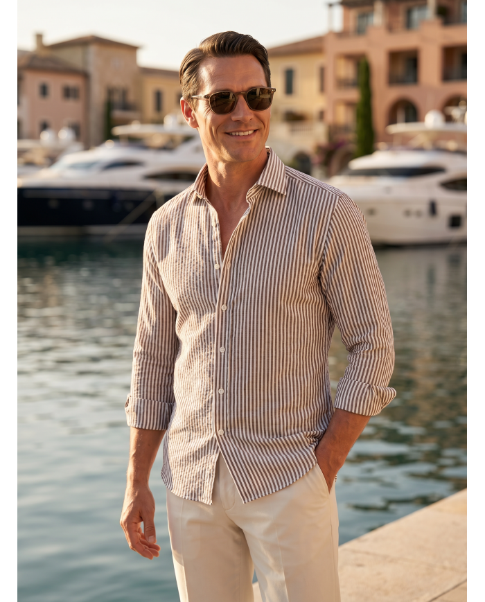 Chemise Col ouvert rayée marron 100% coton aspect lin