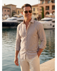 Chemise Col ouvert rayée marron 100% coton aspect lin