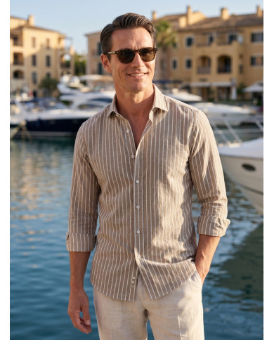 Chemise Col ouvert rayée beige 100% coton aspect lin