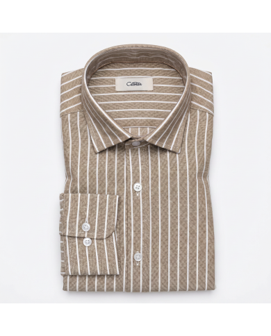 Chemise Col ouvert rayée beige 100% coton aspect lin