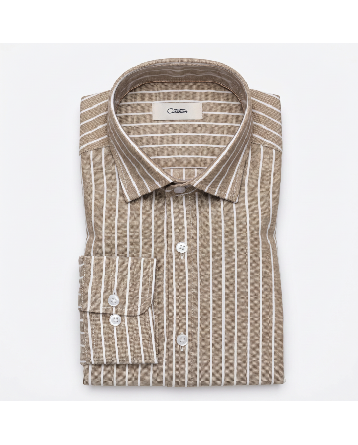 Chemise Col ouvert rayée beige 100% coton aspect lin