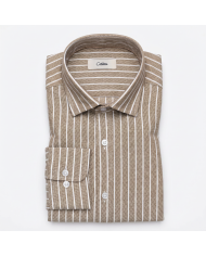 Chemise Col ouvert rayée beige 100% coton aspect lin