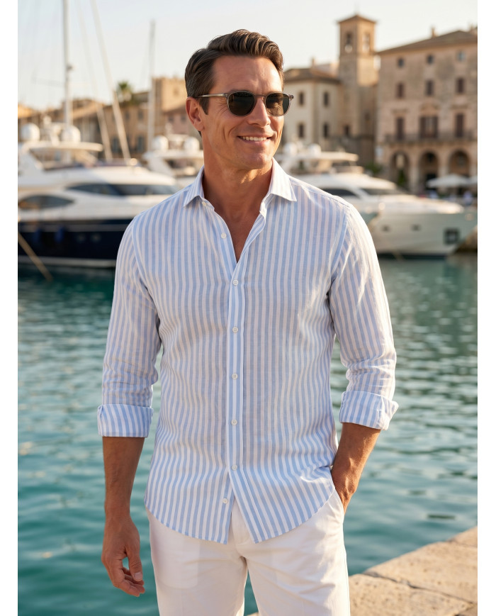 Chemise Col ouvert rayée bleu ciel clair 100% coton aspect lin