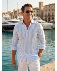 Chemise Col ouvert rayée bleu ciel clair 100% coton aspect lin
