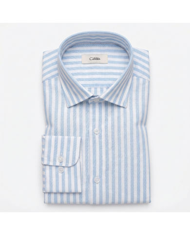 Chemise Col ouvert rayée bleu ciel clair 100% coton aspect lin