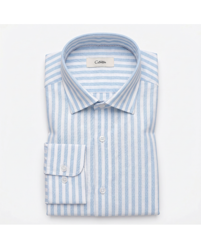 Chemise Col ouvert rayée bleu ciel clair 100% coton aspect lin