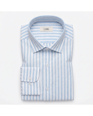 Chemise Col ouvert rayée bleu ciel clair 100% coton aspect lin