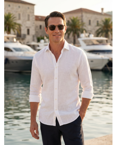 Chemise Col ouvert blanche uni 100% coton aspect lin