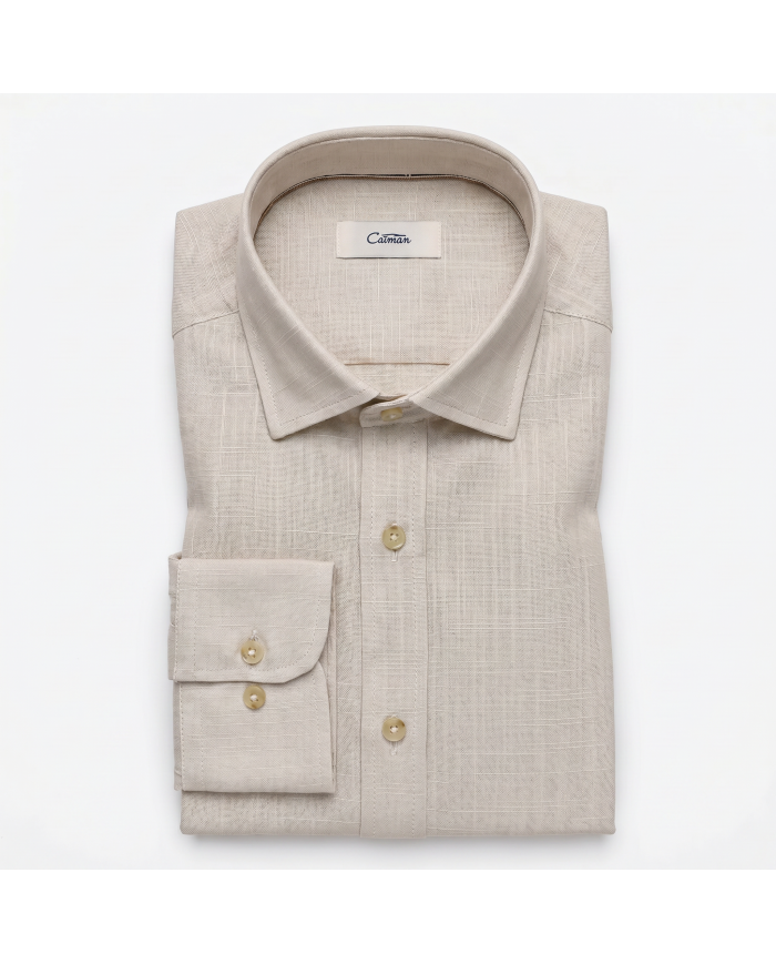 Chemise Col ouvert Beige uni 100% coton aspect lin