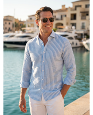 Chemise Col ouvert rayée bleu clair 100% coton aspect lin