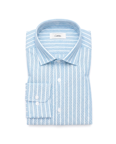 Chemise Col ouvert rayée bleu clair 100% coton aspect lin