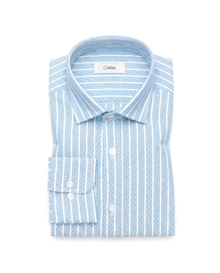 Chemise Col ouvert rayée bleu clair 100% coton aspect lin